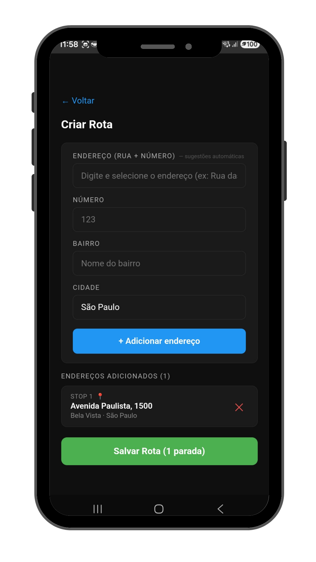Tela de importação de rota do RotaBR