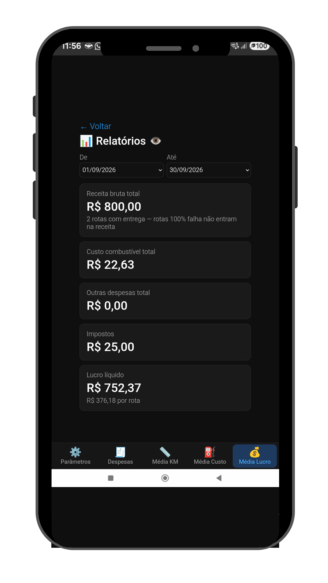 Relatório de lucro líquido por rota no RotaBR